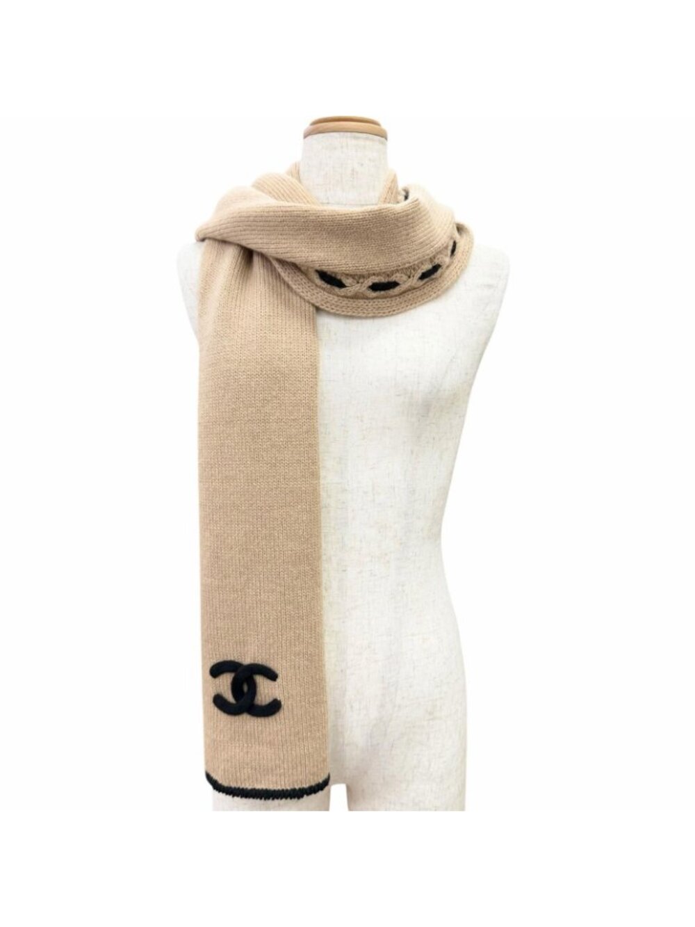 Chanel Cashmere CC Logo Long Scarf Shawl Beige Black - Picture 3 of 8